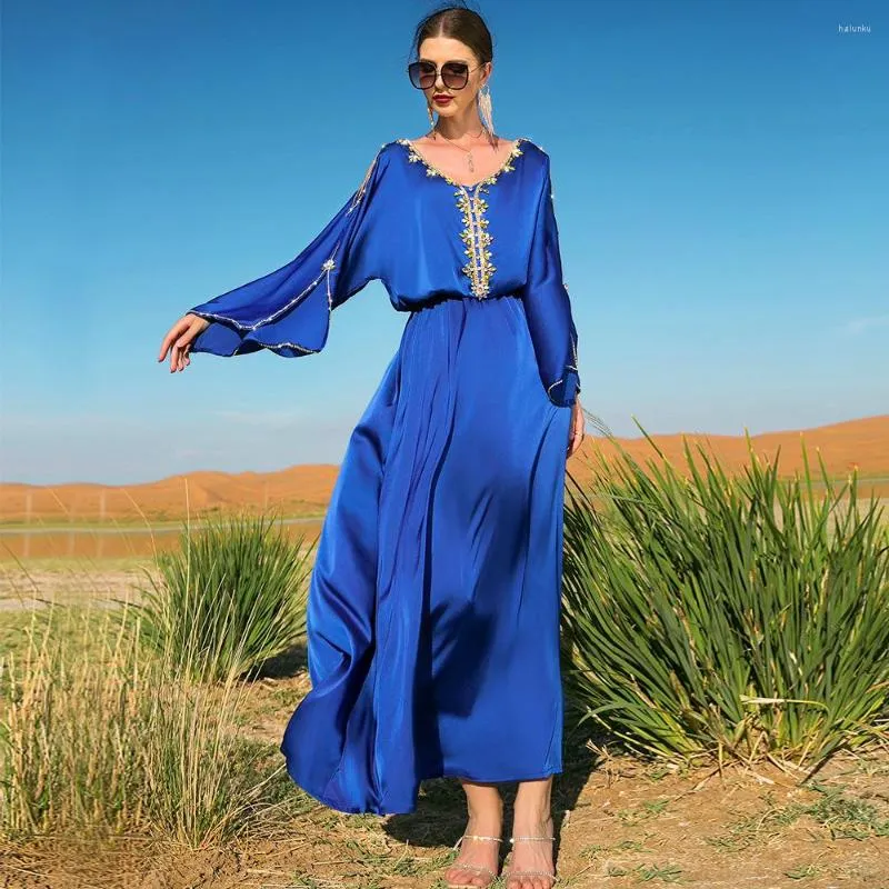 Abbigliamento etnico Lusso Ramadan Blu Abito modesto musulmano per le donne Eid Arabo Musulmane Dubai Abaya Abiti islamici Tukey Caftano marocchino