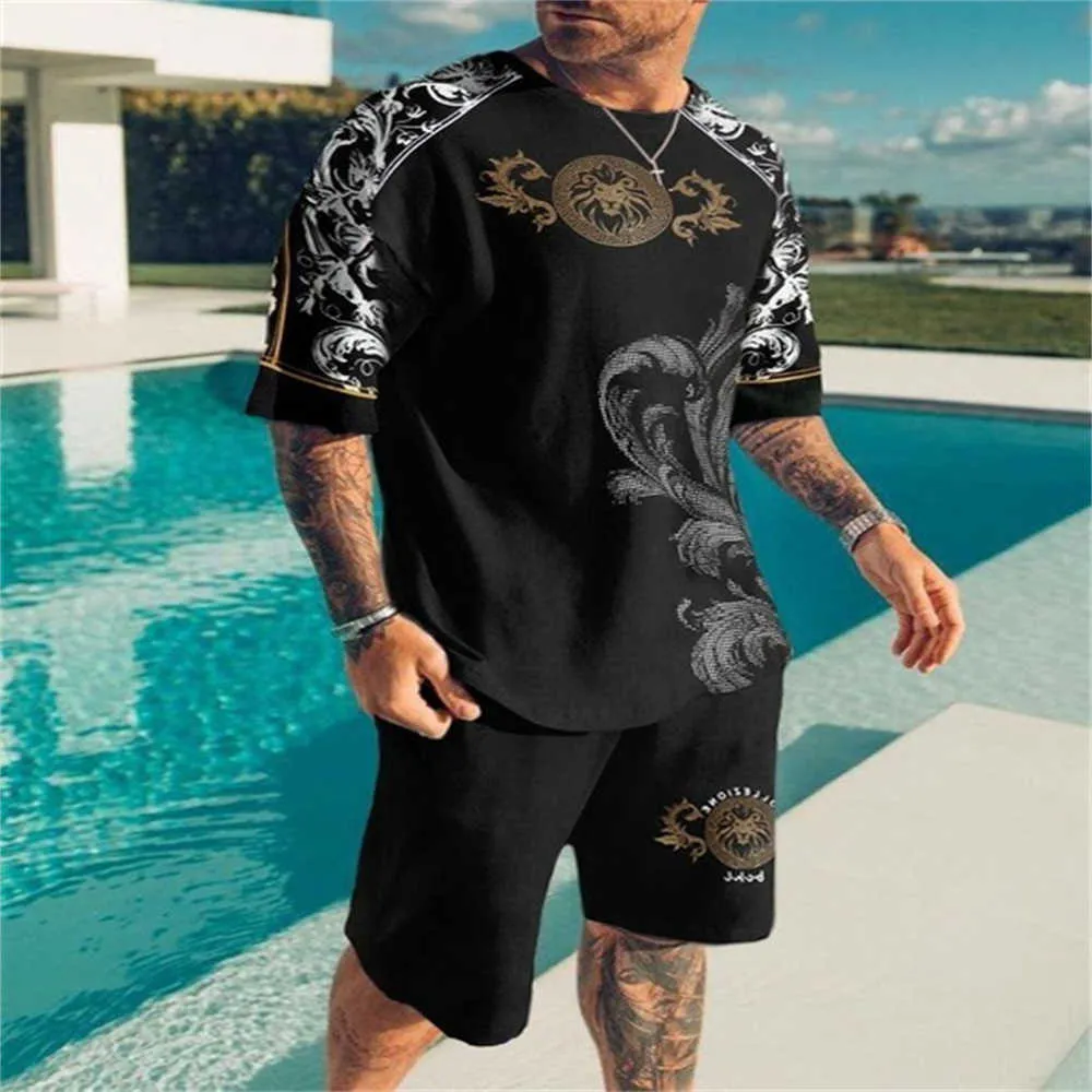 Herrspårar Summer Beach T-shirt Shorts 2 stycken överdimensionerade herrar sportkläder 3d platt kortärmad personal halsringnings mode c230603