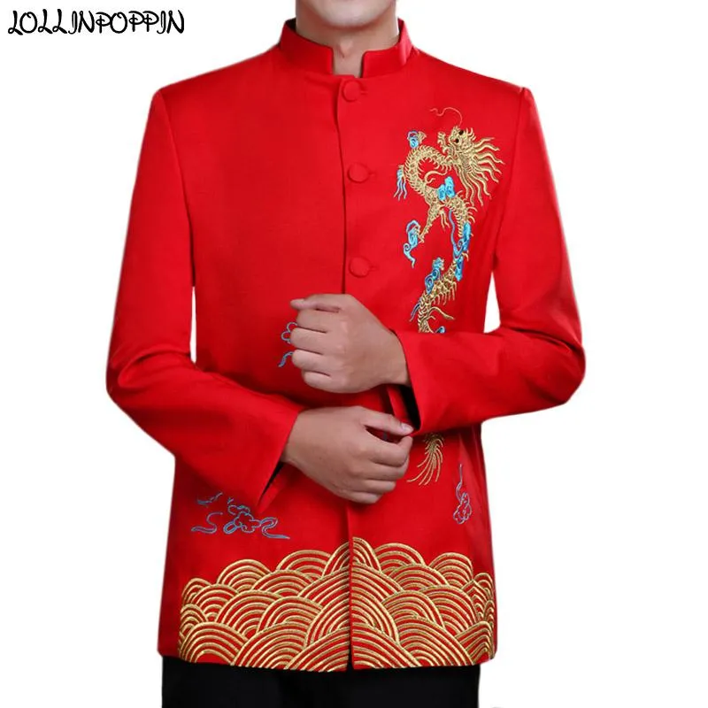 Blazer im traditionellen chinesischen Stil für Herren, Drachen-Stickerei, Anzugjacke, Mandarin-Stehkragen, Herren-Hochzeitsjacke, Tunika-Jacken