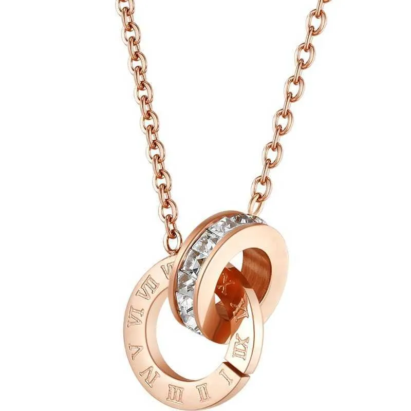 Pendant Necklaces Strands Strings Tiktok hot rolled titanium steel Rome double ring without color chain plated 18K rose gold necklace