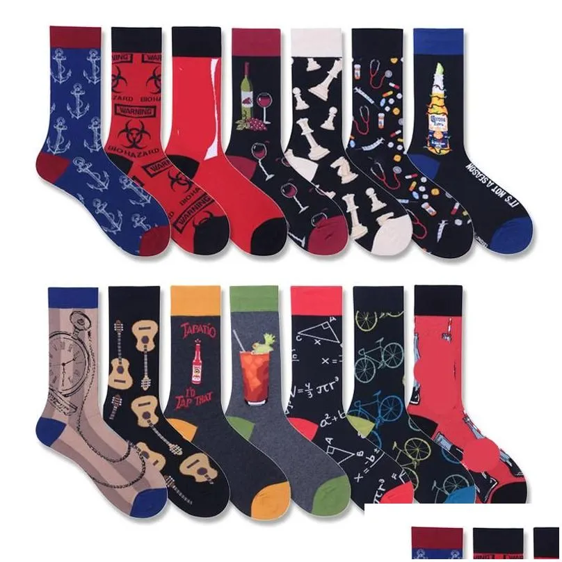 Hommes Chaussettes Hommes Hommes Mode Dessin Animé Cola Vin Rouge Guitare Vélo Ancre Drôle Harajuku Hip Hop Street Style Heureux Casual Skate Coton Dho8L