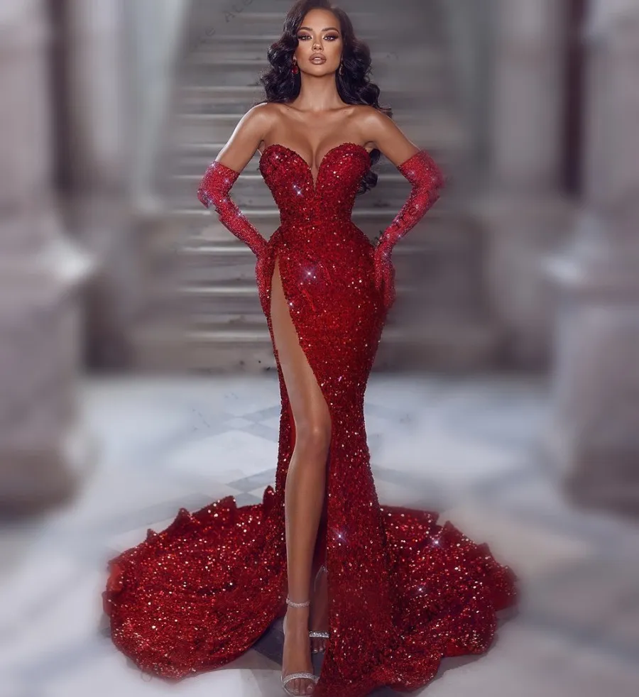 red long sequin formal dresses Sexy Cut-out Red Sequin Double-slit Prom Dress