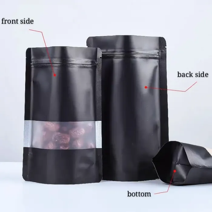 Black All Sizes Matte Standing Up Packaging Bags with Clear window Dry Food Storage Package Pouches Aluminum Foil Packing Bag Doypack