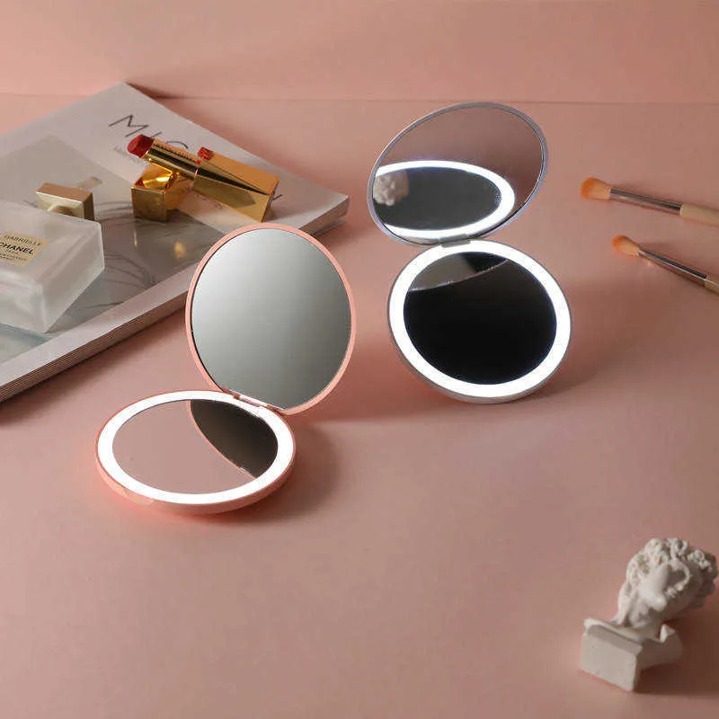 Makeup Tools Personlig liten LED -ljus kosmetisk 2 sido vikning makeup kompakt fickspegel kvinnor lysande effekt rosa vit minirror j230601