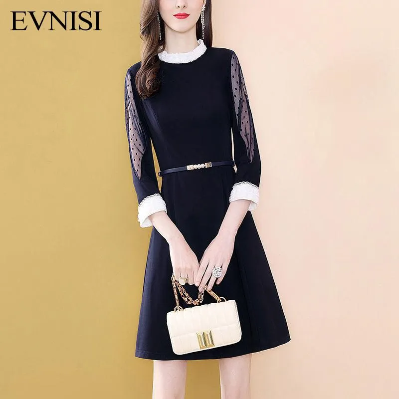 Klänningar Evnisi Kvinnor Navy Dress Mesh Pearl Spring Oneck Fashion Sashes High midja Aline Dresses Kneelength Splic Blue Ol Dress