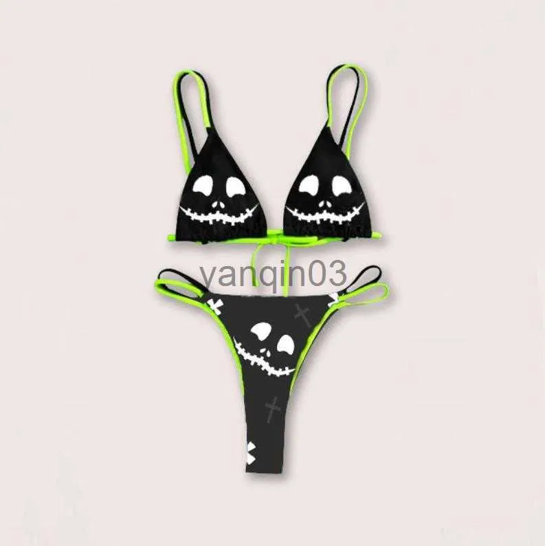 Yiiciovy Dames Bikini Sets Badpak 2 Stuks Bikini's Halloween Skull Print V-hals BH + Lage taille String Badpak voor de zomer J230603