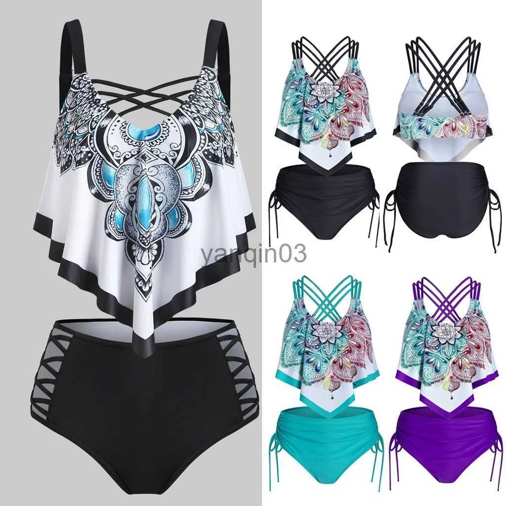 Kadın Mayo Boho Brezilyalı Bikini 2022 Yüksek Bel Bikini Seti Çiçek Baskı Tankini Mayo Kadınlar Mayo Artı Boyutu Mayo Biqueini J230603