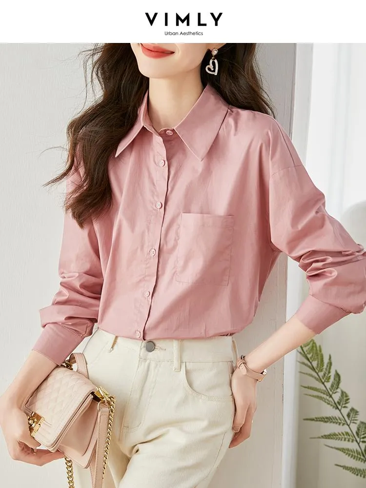 Shirts Vimly 100% katoen roze shirts voor dames 2023 lente kantoor dames nieuw in losse button-down lange mouwen formele blouse tops V7736