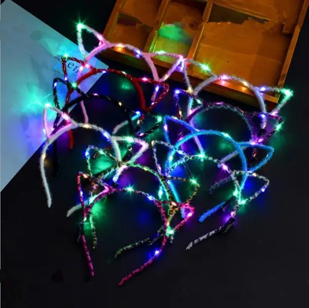 LED Light Up Cat Orecchie di animali Fascia per capelli Donna Ragazze Copricapo lampeggiante Accessori per capelli Concerto Glow Articoli per feste Regalo di Natale di Halloween QH6