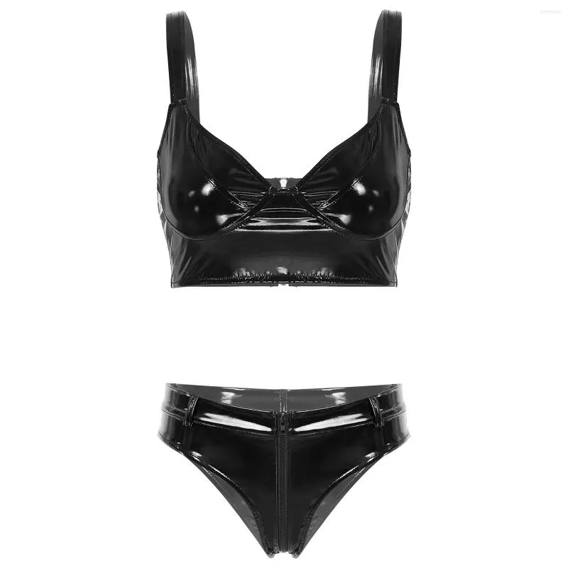 Glossy Patent Leather Womens Lingerie Set Wet Look Wireless Bra And Crop  Top With Zipper Crotch Black Bra Panty Set Sexy Clubwear Outfit From  Xiaofengbao, $20.52