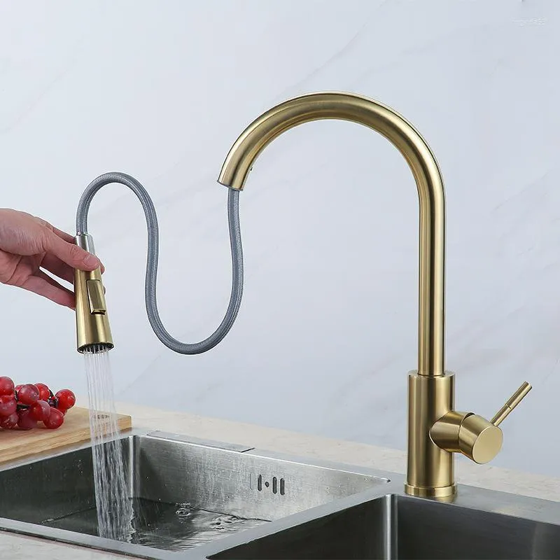 Kitchen Faucets Gold Black Faucet Pull Out Single Hole Handle Swivel 360 Sink Water Mixer Tap Bathroom Accessories Shower Stream Sprayer