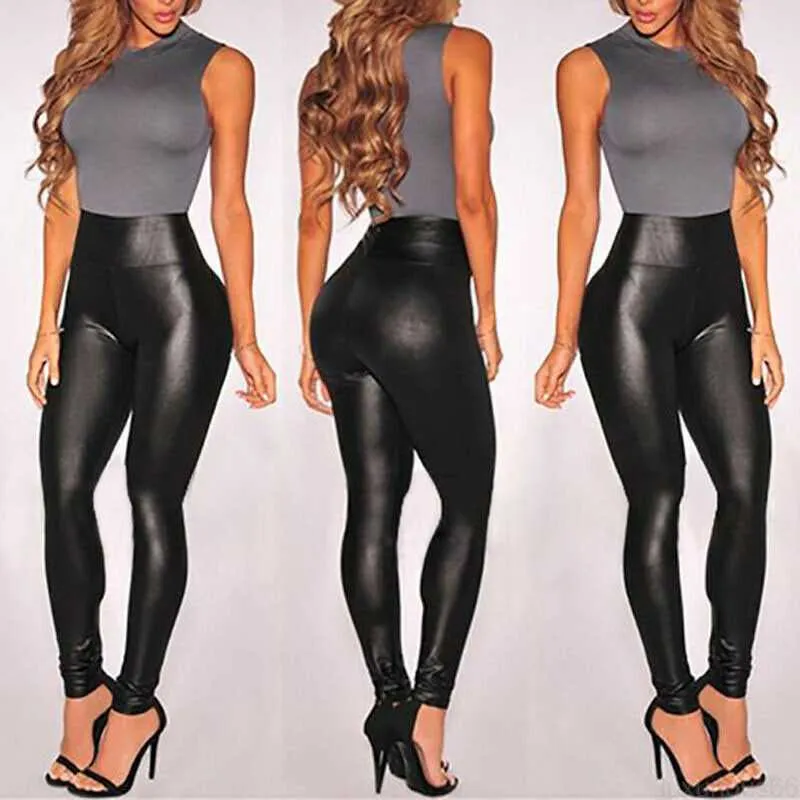 Women's Leggings 2020 New Leather Shiny Sexy Leggings for Women Vadim 2020 Summer High Waist Black Stretchy Faux Leather Pant Mujer Leggings Ropa