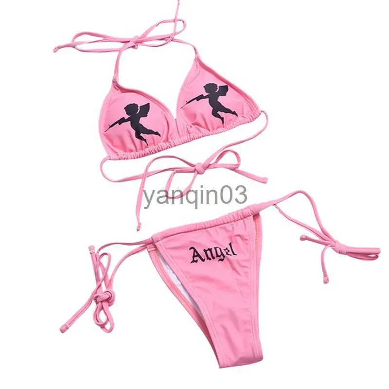 Kvinnors badkläder 2st kvinnor bikini kostym tryck ängel halter tillbaka bindning bh side strappy brev triangel trosor damer sexig strand badkläder biquinis j230603