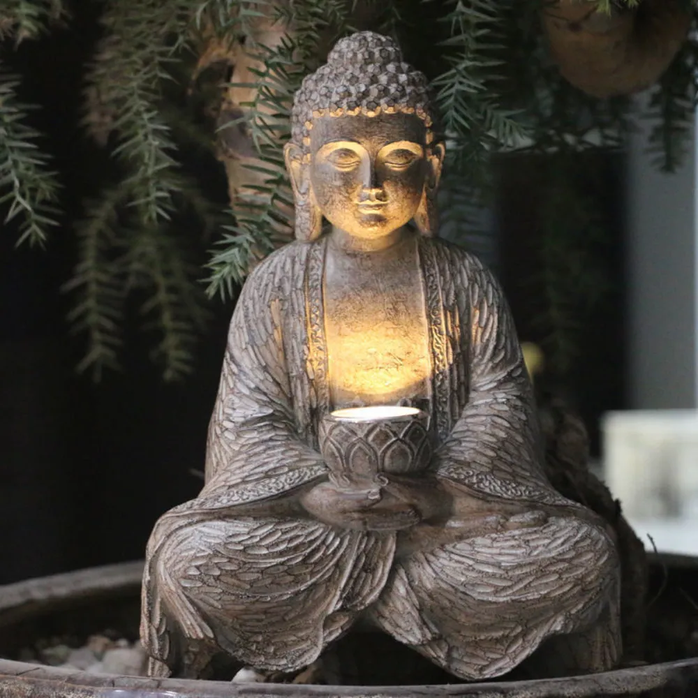 Decorative Objects Figurines Buddha Statue Outdoor Solar Lamp Decoration Courtyard Garden Chinese Zen Living Room Office Porch Resin 230603