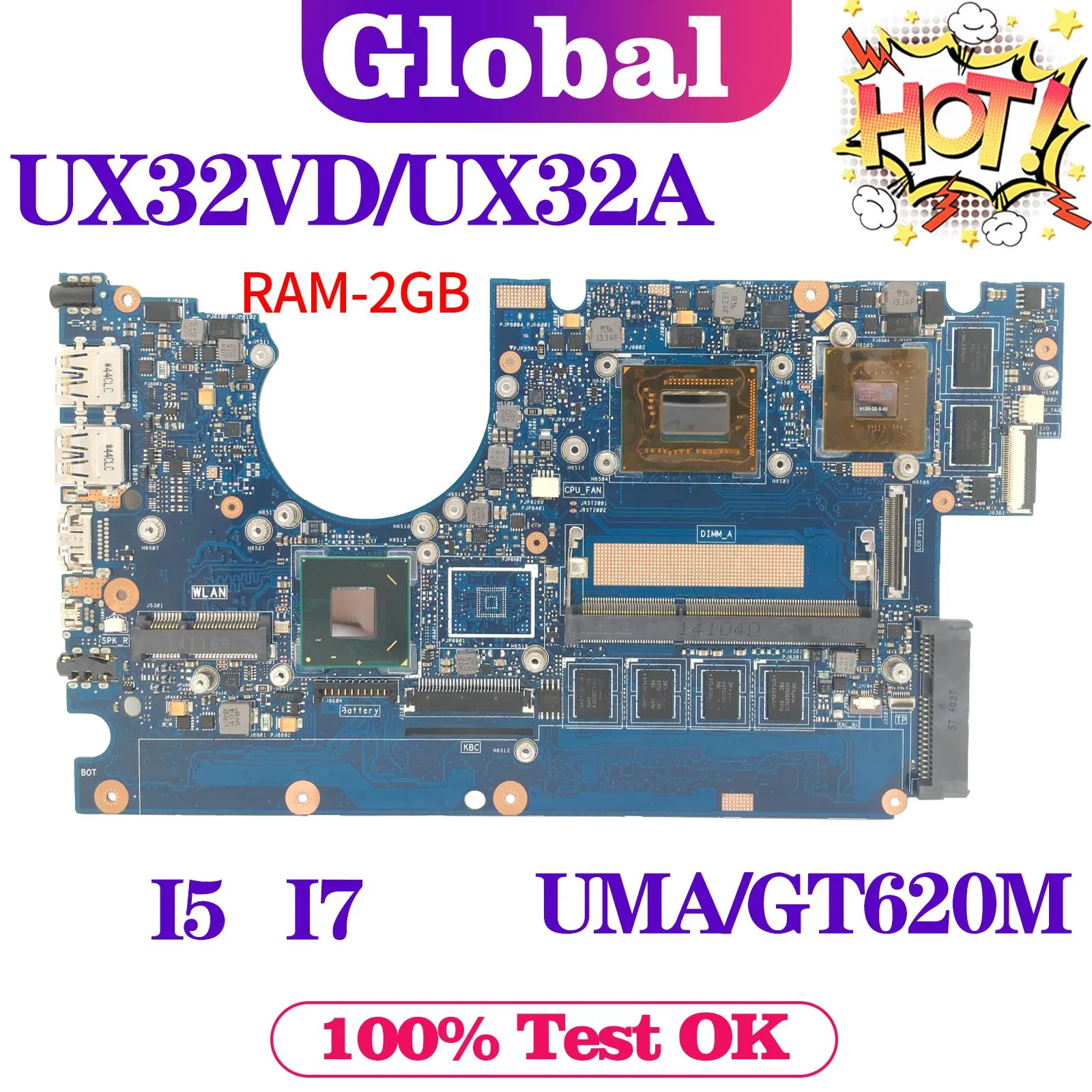 Moderkort Kefu UX32VD -mainboard för Asus Zenbook BX32VD UX32A UX32V UX32 Laptop Motherboard i5 i7 3th 2GB/RAM UMA/GT620M