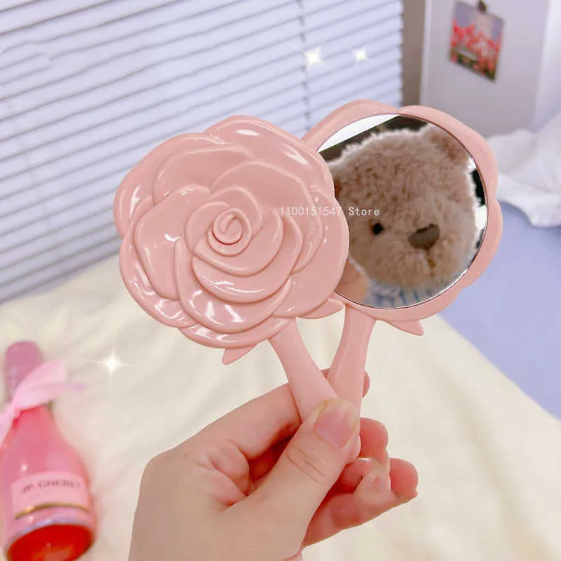 Makeup Tools Pink Handle Mirror Hand-Held Girl Flower Portable Makeup Mirror Nordic Student Dormitory Cute Dressing Princess Mirror J230601