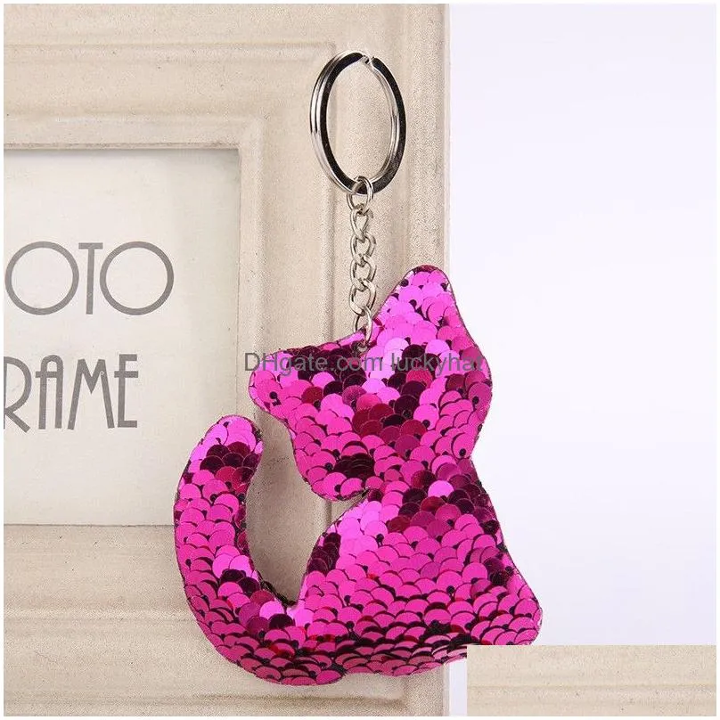 Portachiavi Cute Cat Portachiavi Glitter Pompon Paillettes Anello Regali Donna Charms decorativi Borsa per auto Accessori Catena Goccia Consegna Gioielli Dhqv6