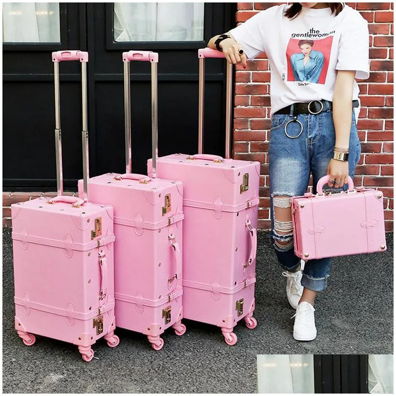 High Quality Girl Pu Leather Trolley Bag Set Lovely Fl Pink Vintage Suitcase For Female Retro Lage Gift Drop Delivery Dhpzk