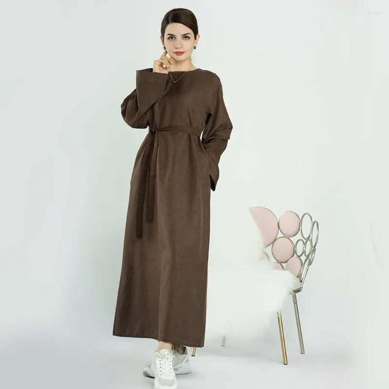 Ethnic Clothing Ramadan Abaya Long Dress Cotton Linen Causal Muslim Dresses Pocket Belt Islamic Dubai Turkey Modest Abayas For Women Kaftan