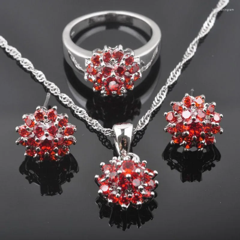 Halsbandörhängen Set 2023 Red Zirconia Women's Silver Color Pendant Rings Wholesale Jewellry QZ0228