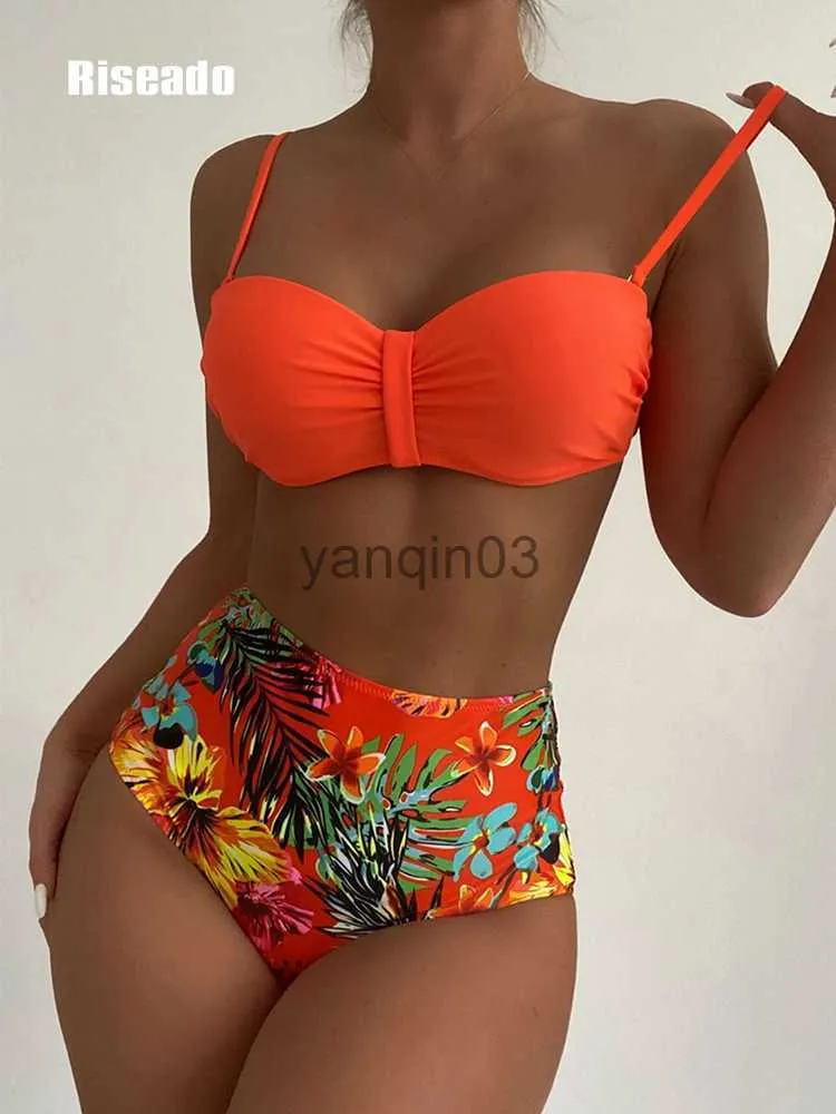 Women's Swimwear Riseado High Waist Bikinis Swimsuit Sexy Push Up Swimwear Women 2023 Orange biquinis Floral Printed Summer Beachwear J230603