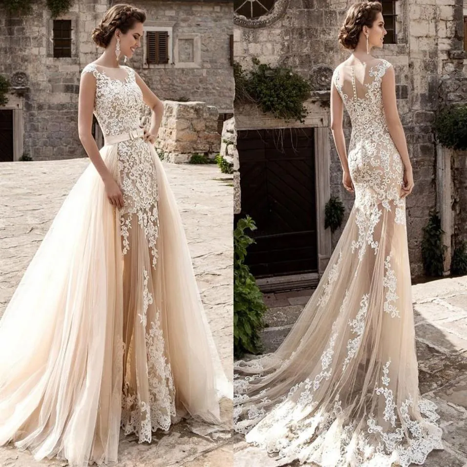 2016 Vestidos de novia modestos con falda desmontable Sexy Sheer Lace Applique Jewel Neck Champagne A Line Illusion Camo Vestidos de novia 2645