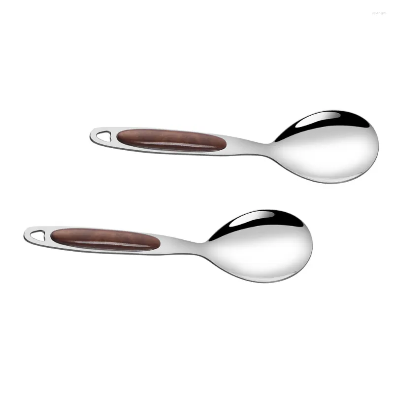 Dinnerware Sets 2 Pcs Stainless Steel Rice Spoon Sturdy Feeding Utensil Chinese Soup Spoons Mahogany Tableware Serving Practical