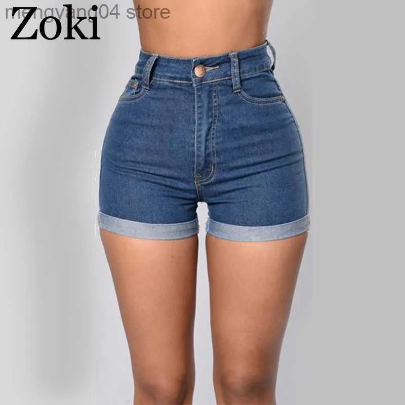 Kvinnors shorts zoki kvinnor denim shorts mode sommar hög midja bredbens shorts löst blå korta jeans sexiga hemming tvätt kvinnliga jeans t230603