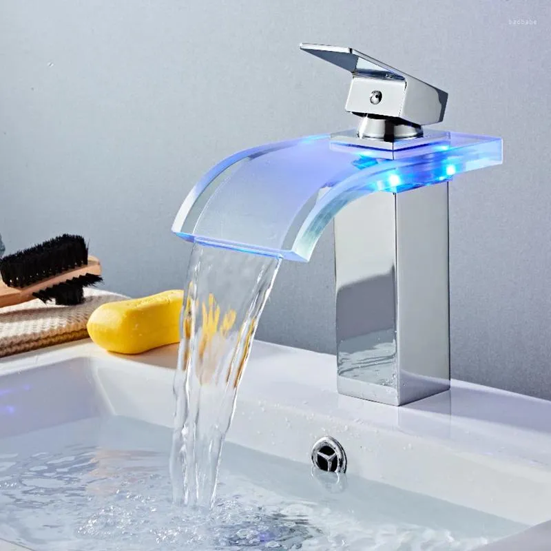 Bathroom Sink Faucets LED Basin Faucet Temperature Colors Change Mixer Tap Deck Mounted Wash Glass Taps And Cold