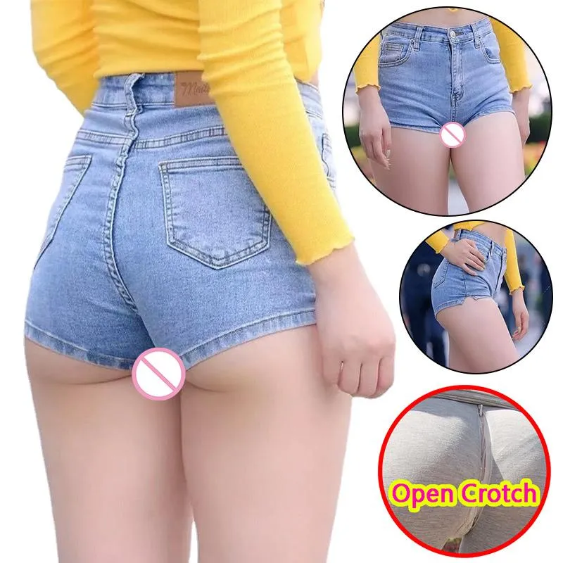 Jeans donna sexy meschina mini jeans pantaloni senza cavallo erotici con cerniera nascosta push up booty lift vedi attraverso pantaloncini esterni sesso