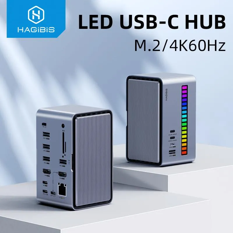 Hubs Hagibis USB C Docking Station med dubbel HDMICompatible M.2 SSD -kapsling Ethernet 100W PD USB HUB SD/TF för Laptop MacBook Pro