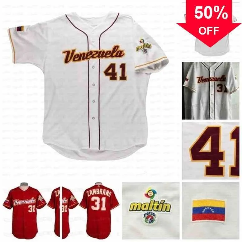 Xflsp GlnC202 2006 Venezuela Clásico Mundial de Béisbol Jersey 41 Víctor Martínez 31 Zambrano Blanco Rojo Cosido Nombre Número