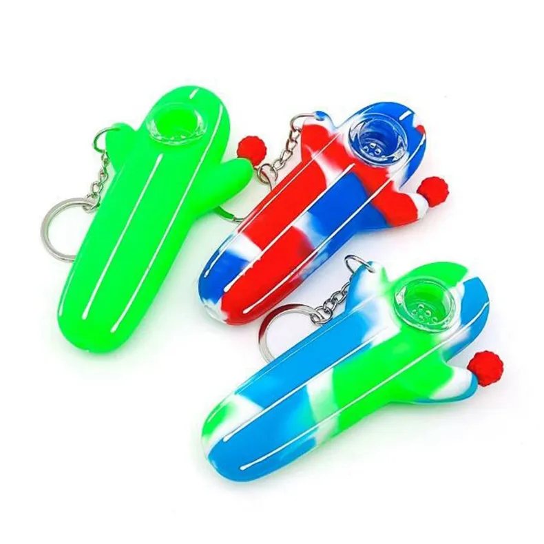 Coloré Portable Anneau De Doigt Silicone Pipes Cactus Forme Verre Nineholes Filtre Écran Bol Herbe Tabac Porte-Cigarette Narguilé Pipe À Eau Bong Fumer