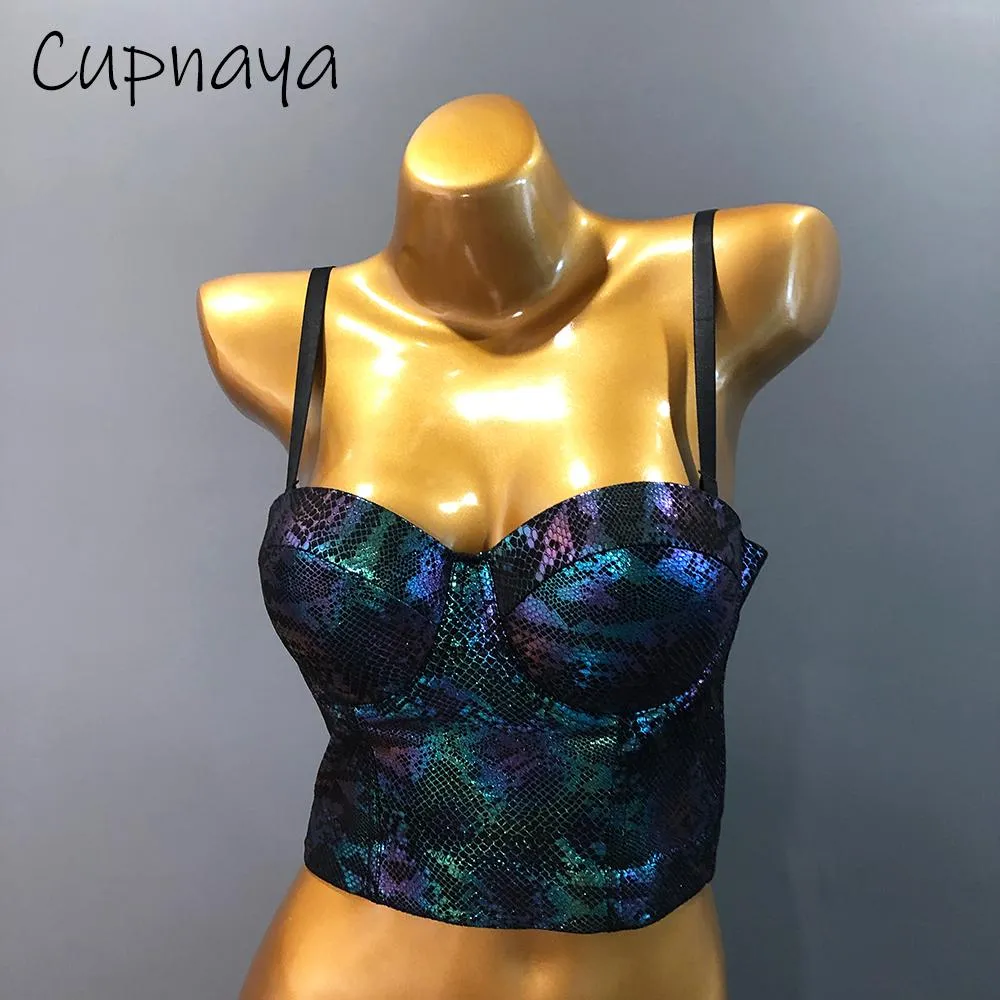 T-shirt cupnaya pu läder snakeskin kvinnor skörd topp sexig bustier korsett inner cami braltette väst tankdans klubbkläder just