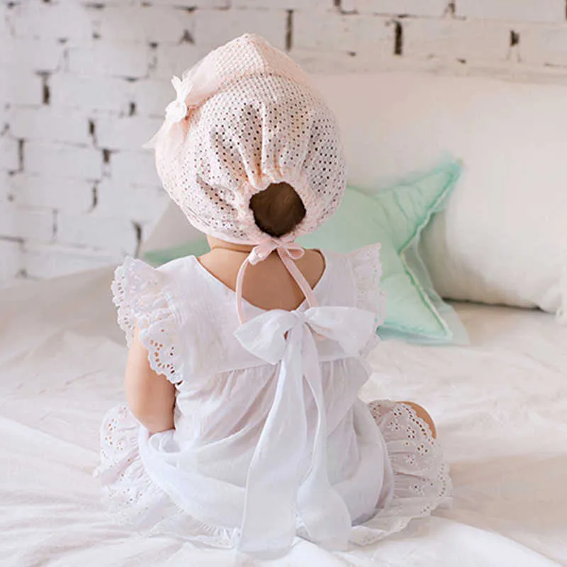 2PCS Hair Accessories Summer Hollow Baby Hat Princess Girls Newborn Flower Cap With Bows Solid Color Infant Lace-up Hats