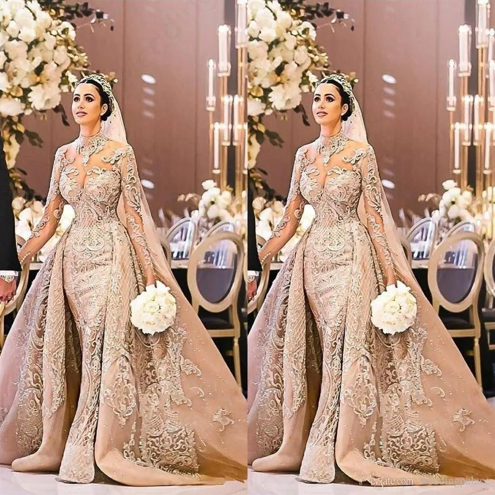 Neues arabisches Dubai-Langarm-Hochzeitskleid mit wunderschönem Stehkragen 2020, Meerjungfrau-Spitze-Applikationen, abnehmbarer Zug, Brautkleid, Vestido de 341P