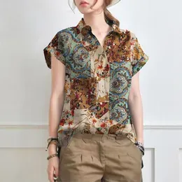 Women`s Blouses 2023 Summer Vintage Floral Print Blouse Cotton Linen Women Short Sleeve Tops Casual Loose Bohemian Shirt Retro Lapel Neck