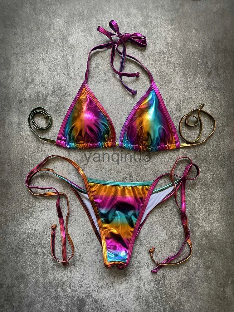 Damen-Bademode, glänzende Badebekleidung für Damen, Neckholder, Bling-Pailletten-Bikini-Set, Ausschnitt, gepolsterter Push-Up-Badeanzug, Tanga-Bademode, glitzernder Biquini J230603