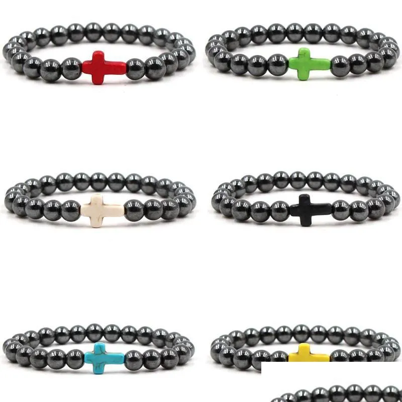 Pulseras con dijes Moda Hematita Magnética 8Mm Cruz Turquesa Brazaletes elásticos para regalo unisex Entrega directa Joyería Dh5Vx