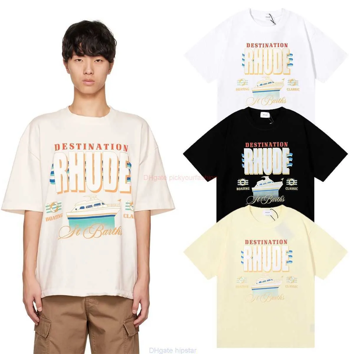 Designer Fashion Clothing Tees Tshirt American Fashion Brand Rhude Destination Yacht Print High Quality Double Yarn Cotton Loose Short Sleeve Tshirt Cotton Street