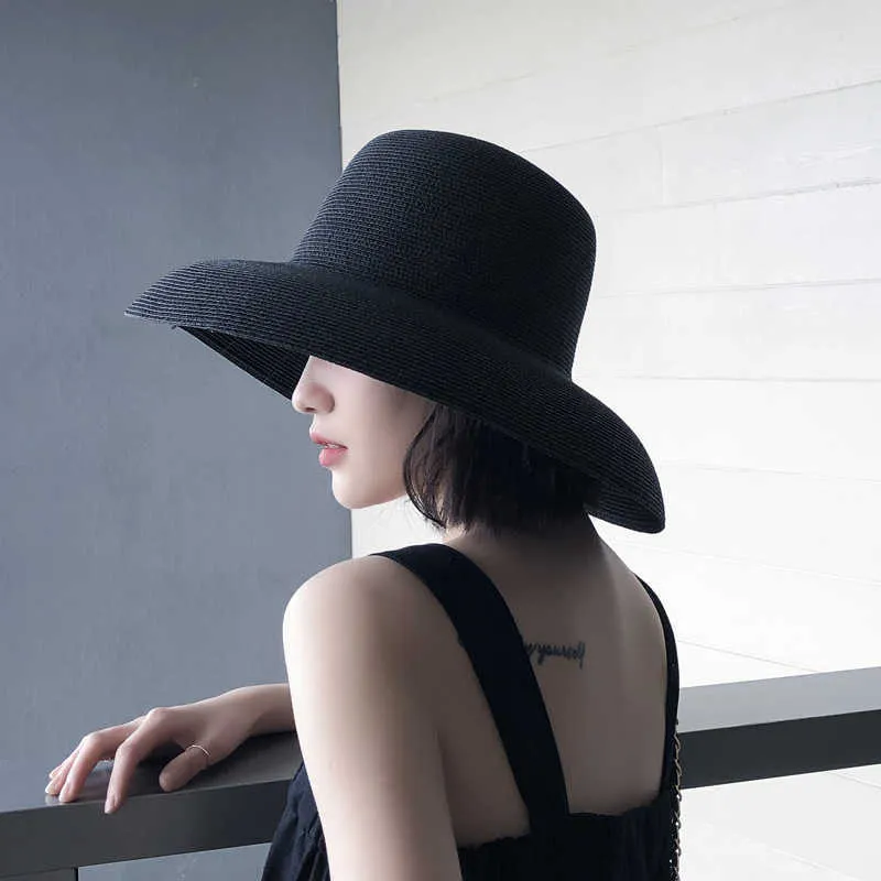 Wide Brim Hats Summer Hepburn Style Retro Design Women's Black Beach Holiday Big Sun Hat G230603