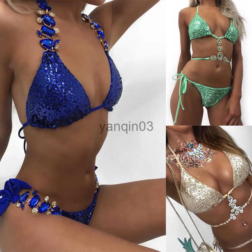 Women's Swimwear Women Crystal RhinESTones Glitter Two-piece Bikini Sets Ladies Bling Gems Bikinis Set Swimsuit Swimwear BaTHer J230603