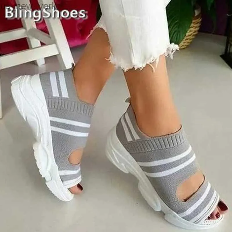 Sommerschuhe Frauen Sandalen Keile Plattform Frauen Turnschuhe Sandalen weibliche Offene spitze Stricken Leichte Slip Auf weibliche Schuhe L230518