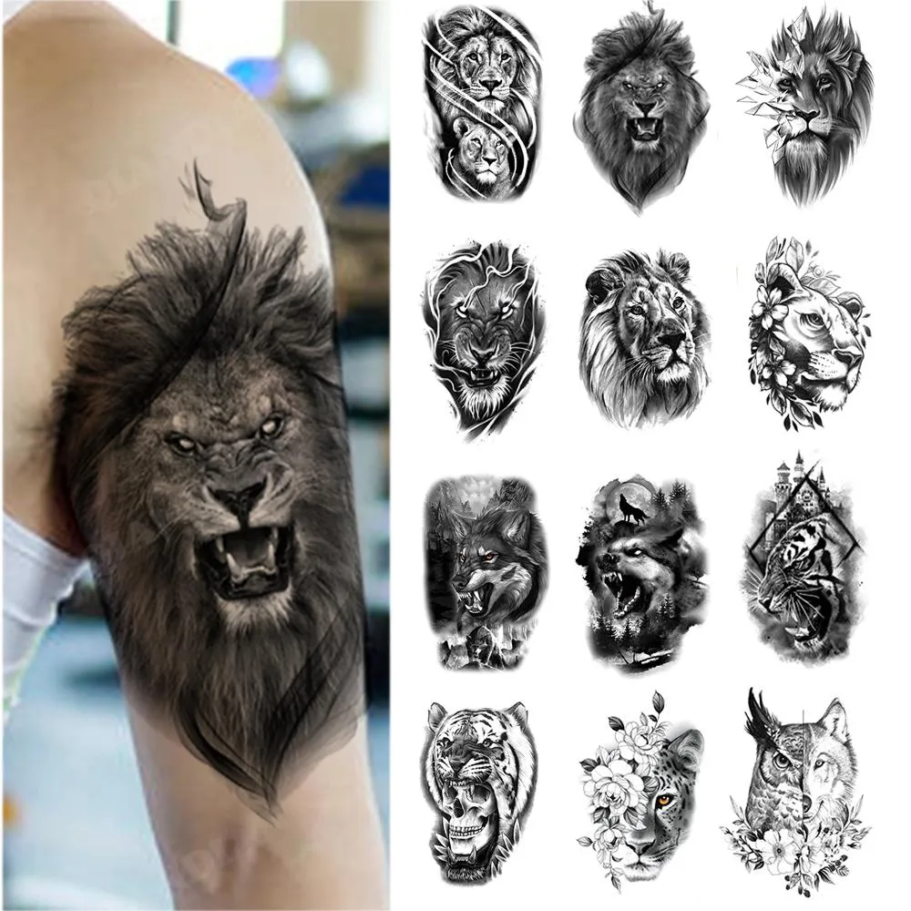 Tattoos 2022 New 100Pcs Wholesales Waterproof Temporary Tattoo Sticker Lion Bear Wolf Forest Man Leopard Skull Body Arm Art Women Sleeve