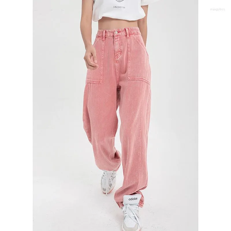 Dżinsy damskie Pink Woman's High talia 2023 Letnia szeroka noga dżinsowa spodnie worka streetwear elegancki projekt panie vintage proste dżinsowe spodnie