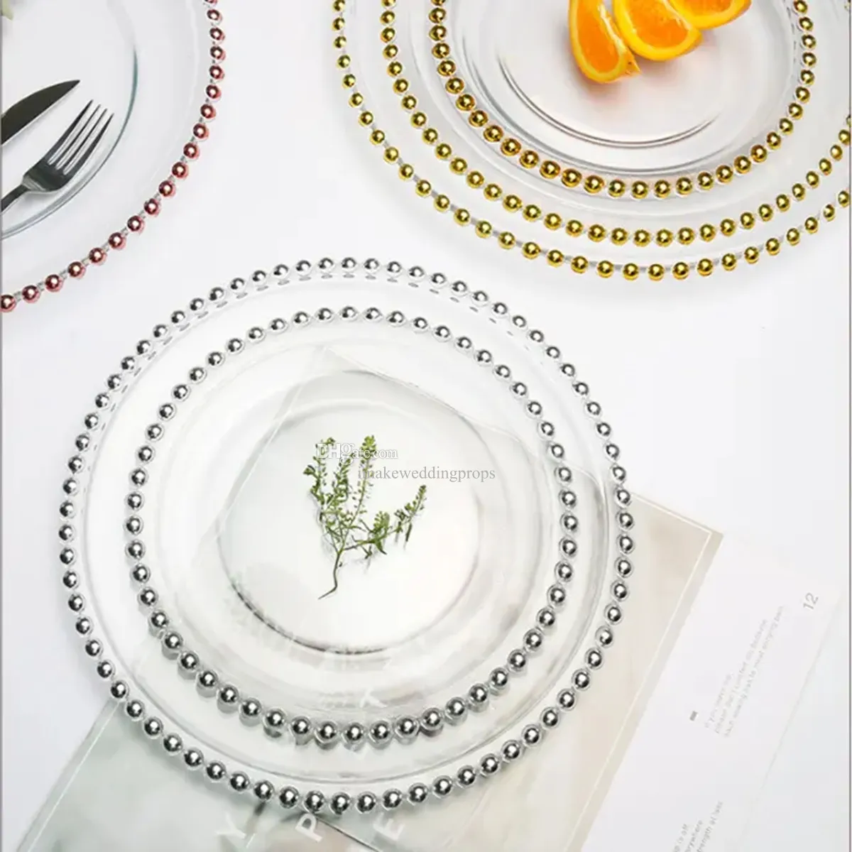 Gold Dot Acrylic Charger Plates Clear Gold Silver Rim Clear Beaded Charger Plates Wedding Parties Middag Imake941