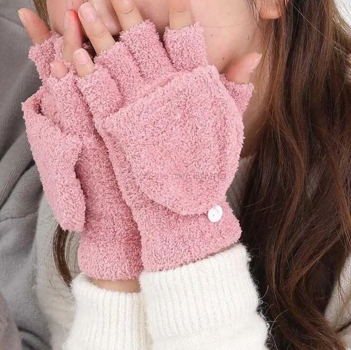 fuzzy women warm gloves flap half finger gloves adult lady girls thick coral fleece writing working mitten hand warmer soft fuzzy glove