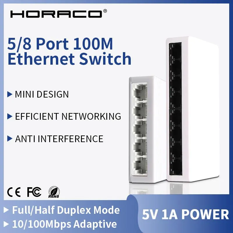 Control Horaco 5/8 Porta Ethernet Switch 100Mbps Rede Fast Smart Switter Mini 100BASET Plug and Play para câmera IP AP VoIP Phone