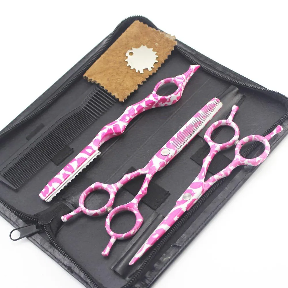 Outils 5.5 pouces rose imprimé léopard ciseaux de coiffure JP 440C barbiers coupe + amincissement + rasage + sac cisailles ciseaux à cheveux