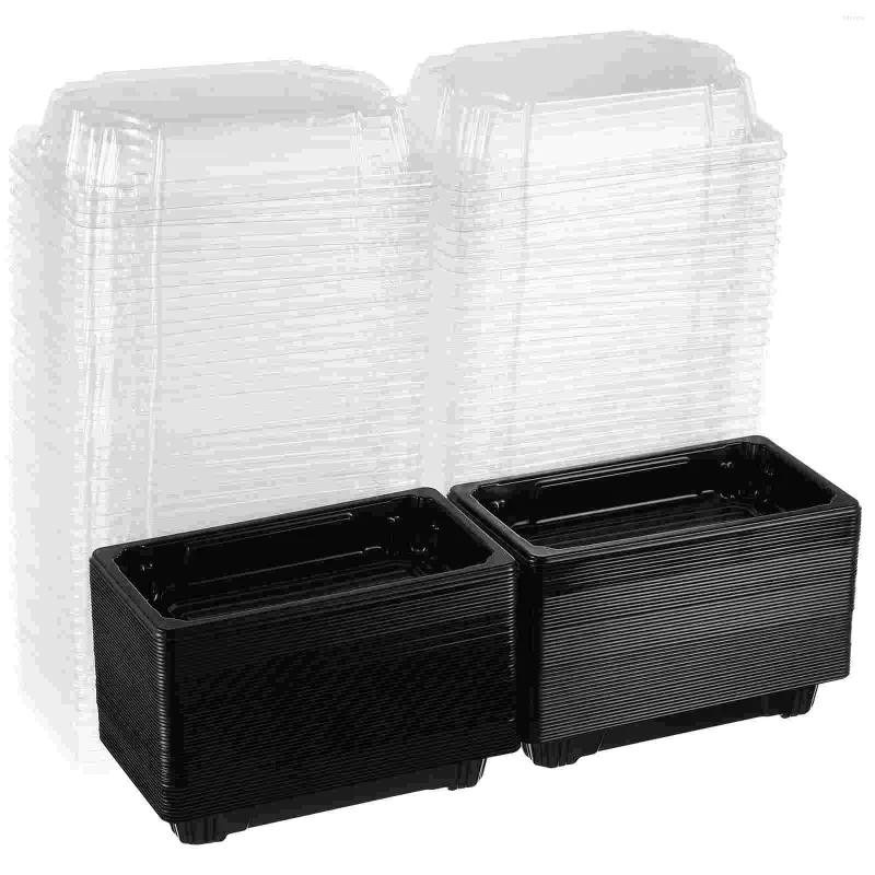 Flatware Sets 100PCS Disposable Sushi Packing Box Fruit Cake Carry Out Container Take Boxes (Black)